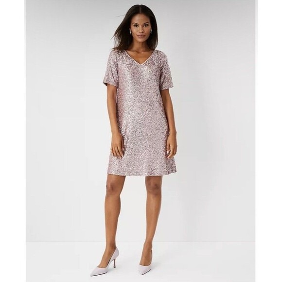 Ann Taylor Pink Sequin V Neck Shift Dress Cocktail Event Swiftie Size 8 NWT’s - Picture 1 of 13